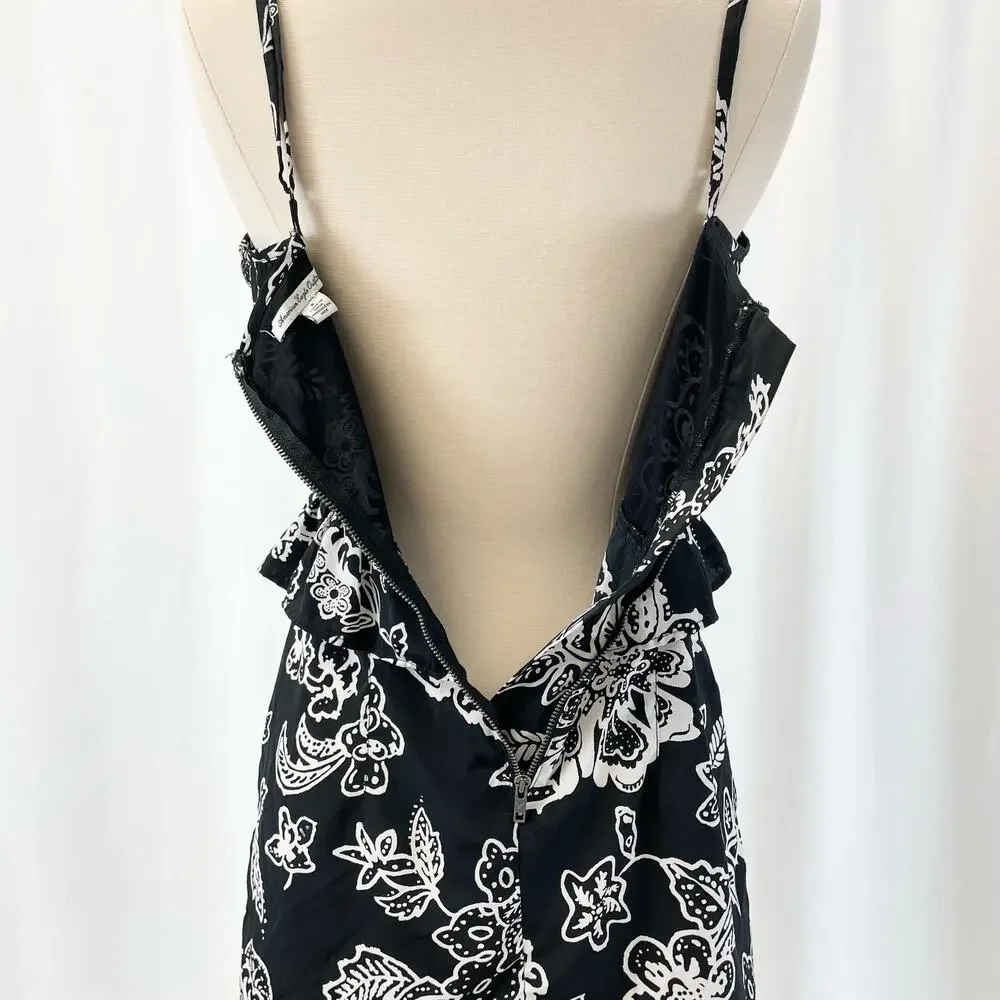 American Eagle Womens 6 Floral Sleeveless Dress Black White Peplum Sweetheart‎